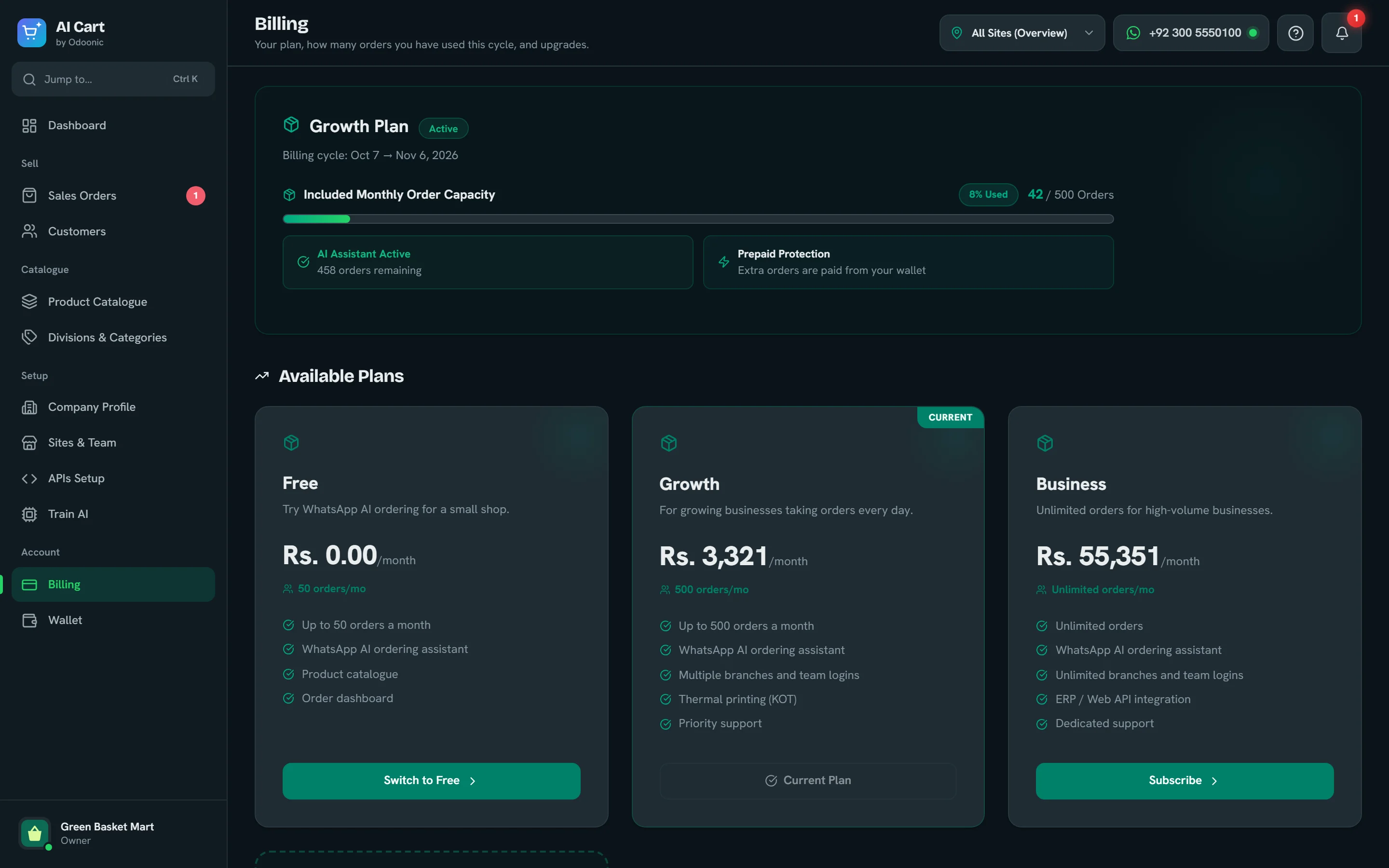 Billing page: Growth plan active with its order capacity, and the Free, Growth and Business plans priced in Pakistani rupees.