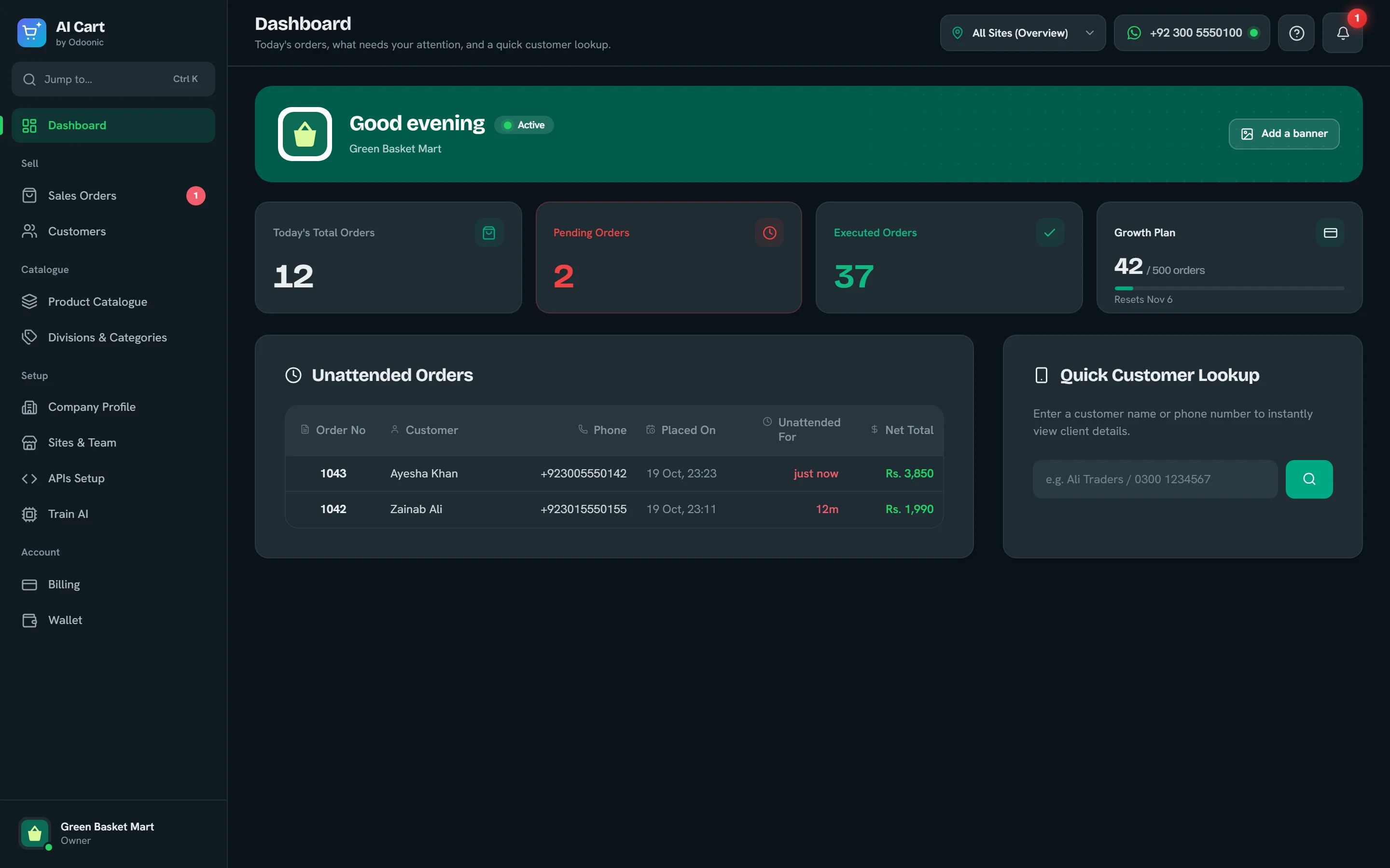 Dashboard of the demo shop: 12 orders today, 2 pending, 37 completed, 42 of 500 plan orders used, and two unattended orders.
