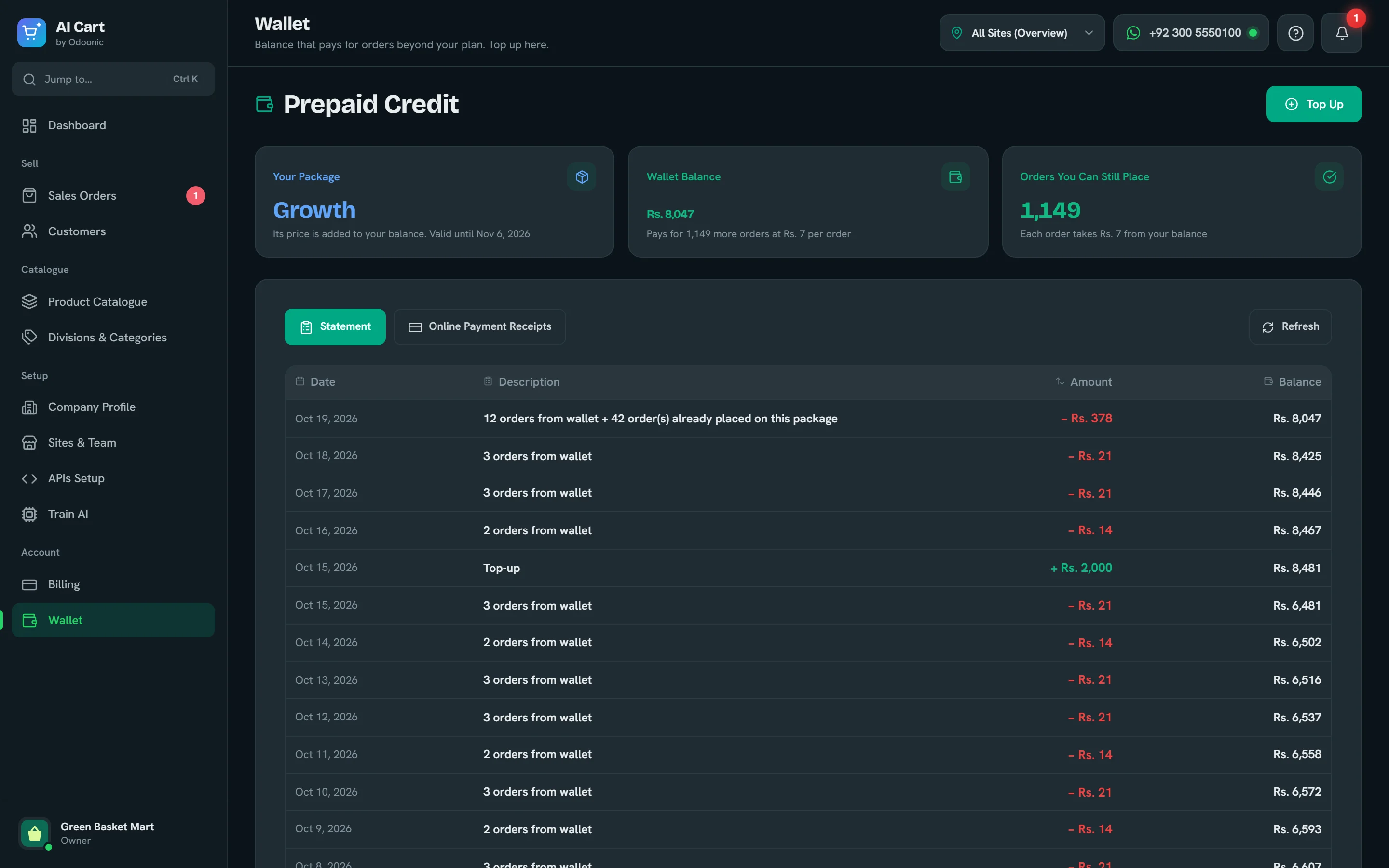 Wallet page: Growth package, wallet balance, the number of orders it still covers, and a statement of daily order charges and a top-up.