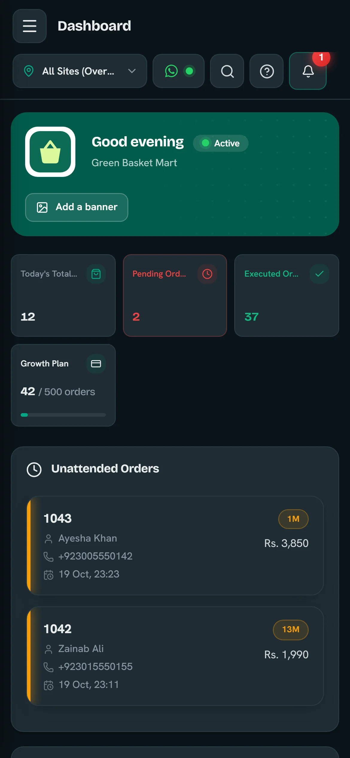 The portal dashboard on a phone: greeting, today's orders, pending and completed counts.