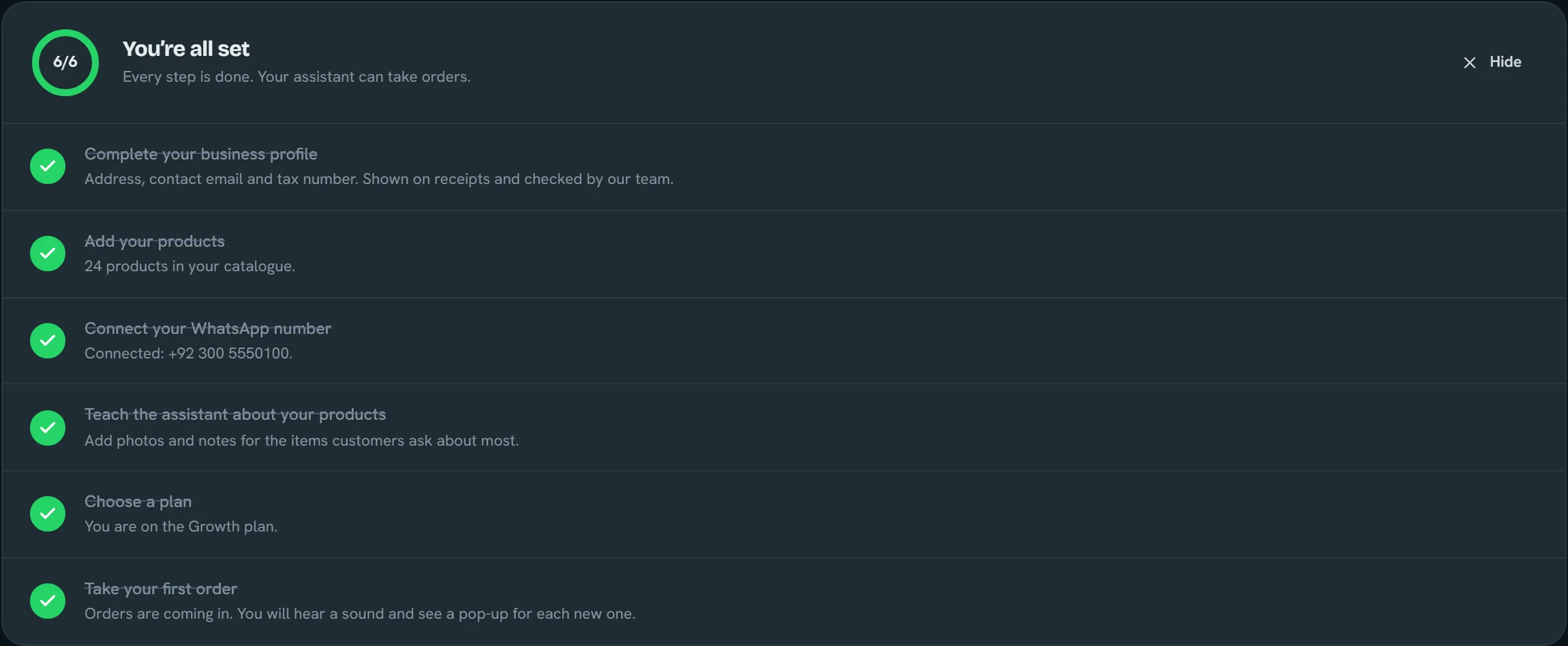 The portal's setup guide showing six of six steps done: business profile, products, WhatsApp number, Train AI, plan and first order.