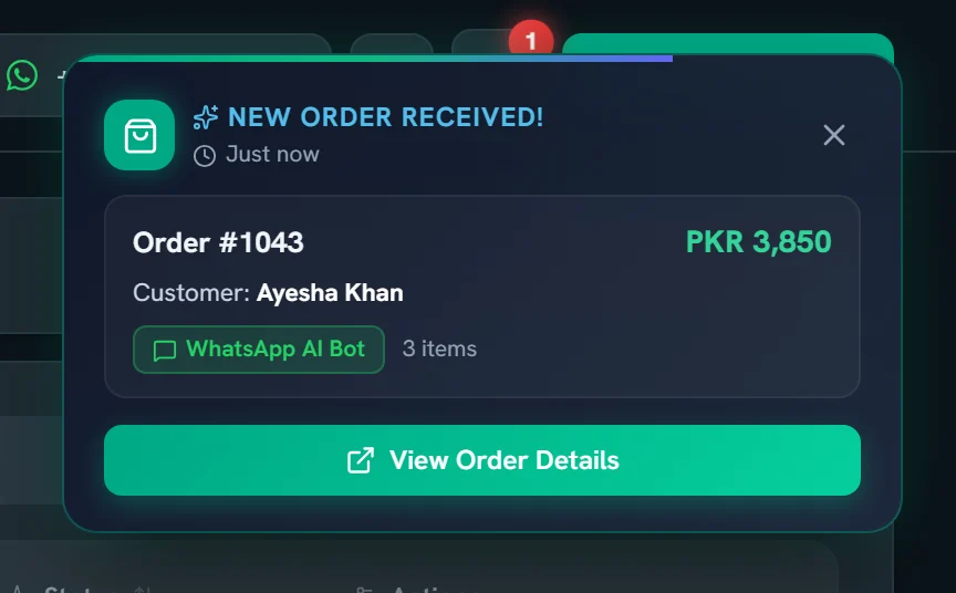The portal's new order pop-up: order #1043, customer Ayesha Khan, PKR 3,850, WhatsApp AI Bot, 3 items, with a View Order Details button.